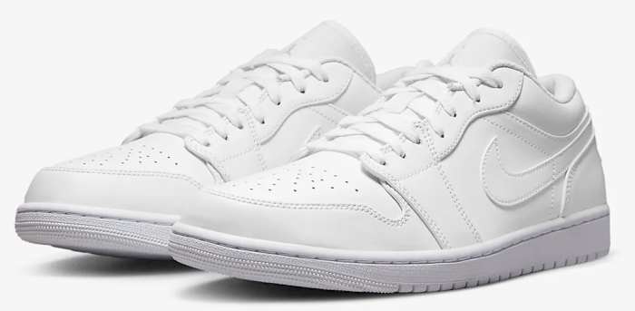 View of white Air Jordan shoes.